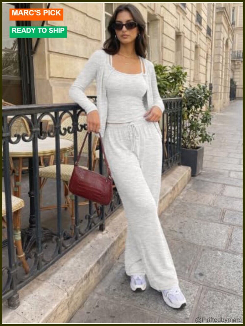 3 Piece Lounge Set with Cardigan Camisole and Wide Leg Pants - Picture 5 of 5